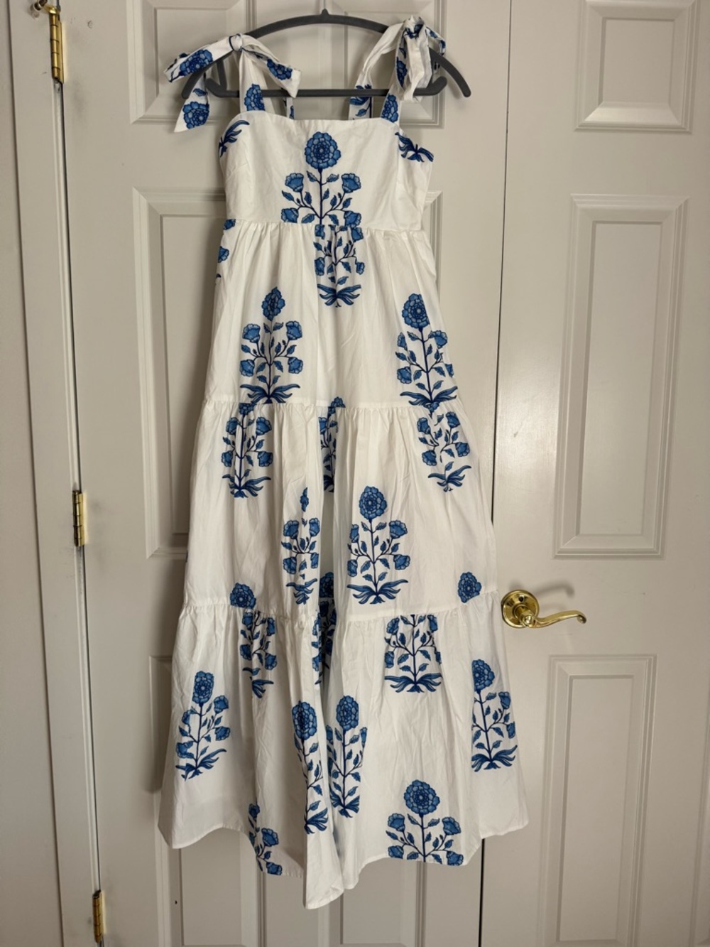White Tiered Maxi Dress with Blue Floral Print